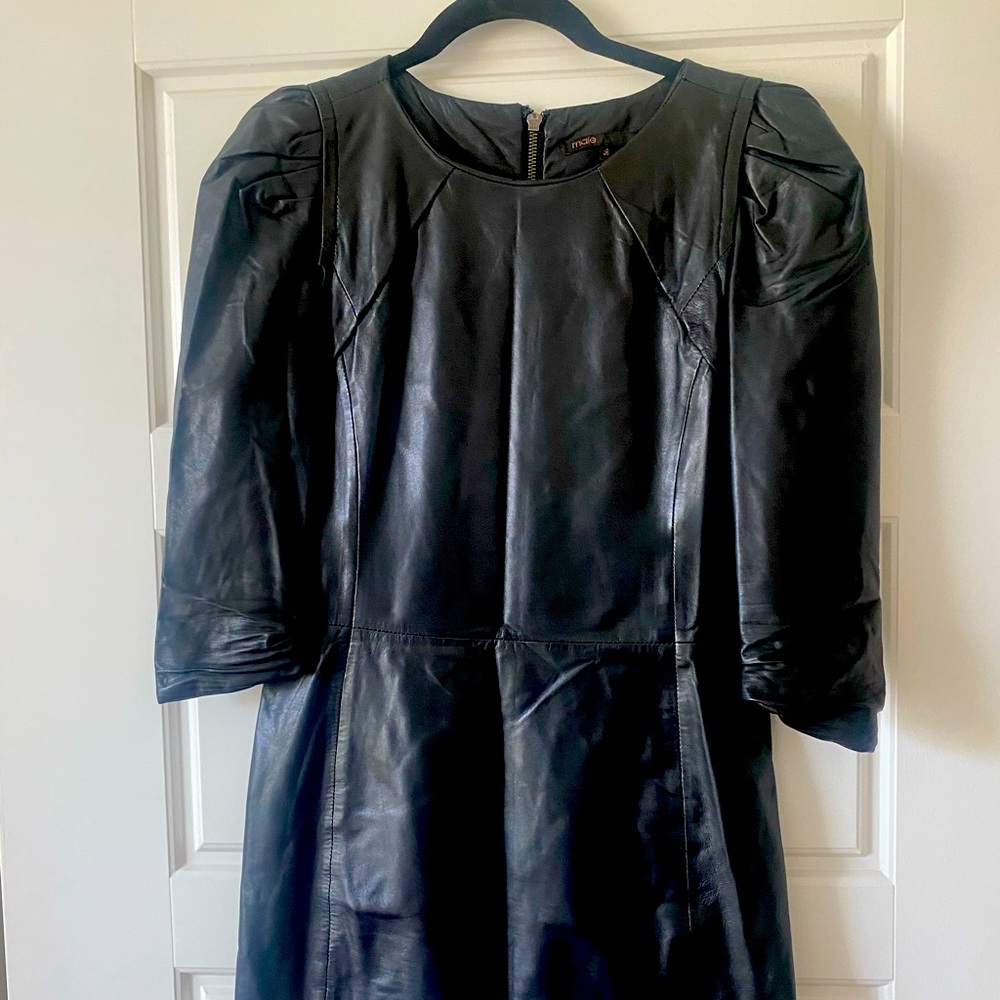 Maje Black Leather Mini Dress with mid length sleeves